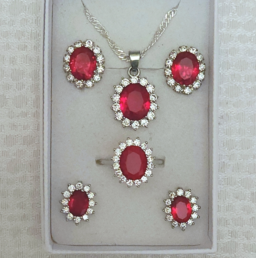 Silver And Dark Red Gemstone Jewelry Set